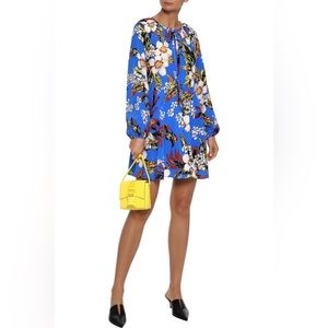 DIANE VON FURSTENBERG Cobalt Blue Pleated Floral Silk Crepe De Chine Mini Dress